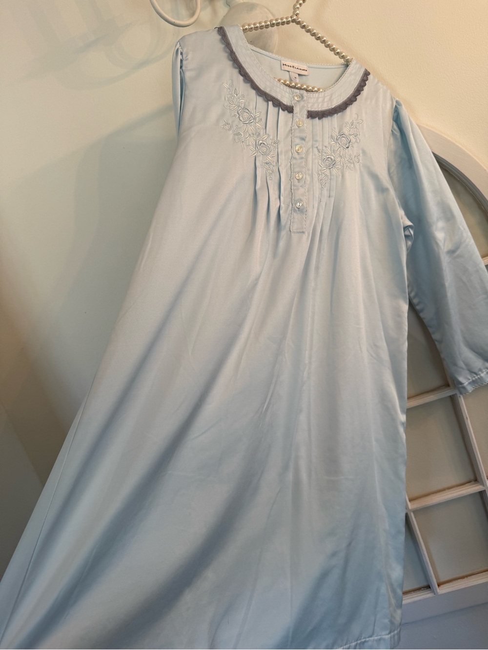 Miss Elaine Vintage Style Pastel Blue Long Sleeve Nightgown - Size Medium